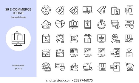 Comercios electrónicos e Internet Shopping Vector Icons Set - Descuentos, Ventas, Compras Online, Promoción de Mercados, Regalos, Cupones, Entrega, Tarjeta de Cliente, Ofertas Online, Entrega de Efectivo, Pagos por Internet.