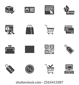 E-commerce, online shopping vector icons set, modern solid symbol collection, filled style pictogram pack. Signs, logo illustration. Set includes icons as shopping cart, payment, delivery service