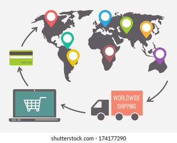 e-commerce, online shopping.  Vector illustration includes map and pointers.