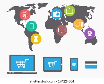 e-commerce, online shopping. Vector illustration includes map and icons. 
