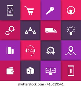 E-commerce, online shopping web icons on squares, pictograms for e-commerce website, vector illustration