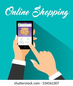 E-Commerce Online Shopping Web Site Product Page Mockup Template Layout with Woman Hand Holding Smartphone Vector Illustration
