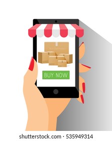 E-Commerce Online Shopping Web Site Product Page Mockup Template Layout with Woman Hand Holding Smartphone Vector Illustration
