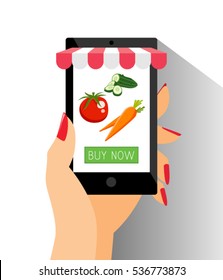 E-Commerce Online Shopping Web Site Product Page Mockup Template Layout with Woman Hand Holding Smartphone Vector Illustration