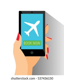 E-Commerce Online Shopping Web Site Buy Plane Ticket Page Mockup Template Layout with Woman Hand Holding Smartphone Vector Illustration