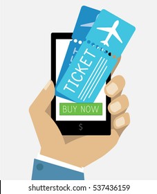 E-Commerce Online Shopping Web Site Buy Plane Ticket Page Mockup Template Layout With Business Man Hand Holding Smartphone Vector Illustration
