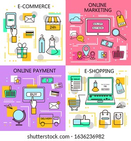 E-Commerce Online Shopping,Marketing,Online Payment Banners. Business. Internet and mobile marketing concept. For web and mobile phone services and apps.Vector Line Illustration.