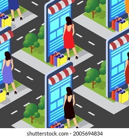 E-commerce online store conceptual stock illustration for Internet shopping with girls choosing gifts choose on the site