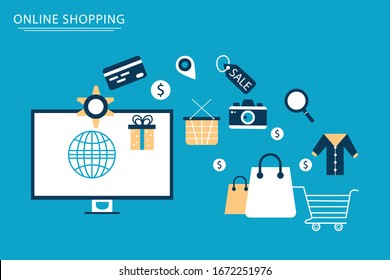 E-commerce online store flat banner webpage design with shopping cart and sale items icons vector