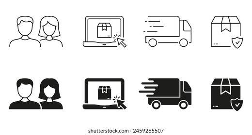 Ecommerce, Online Store Line and Silhouette Icon Set. Order In Internet Supermarket Symbol Collection. Express Shipping Pictogram. Delivery Box Sign. Isolated Vector Illustration.