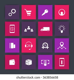 E-commerce, online store, shop square icons set, vector illustration