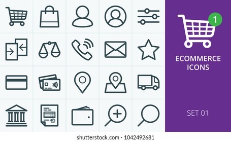 Ecommerce and online store web icons set. Collection of shopping carts, users, phones, payments, delivery, map markers.