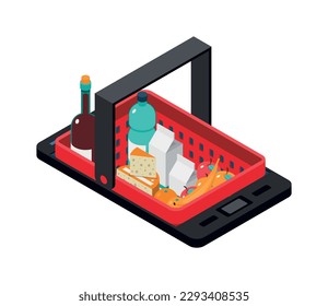 Ecommerce online supermarket isometric concept icon with food in shopping basket 3d vector illustration