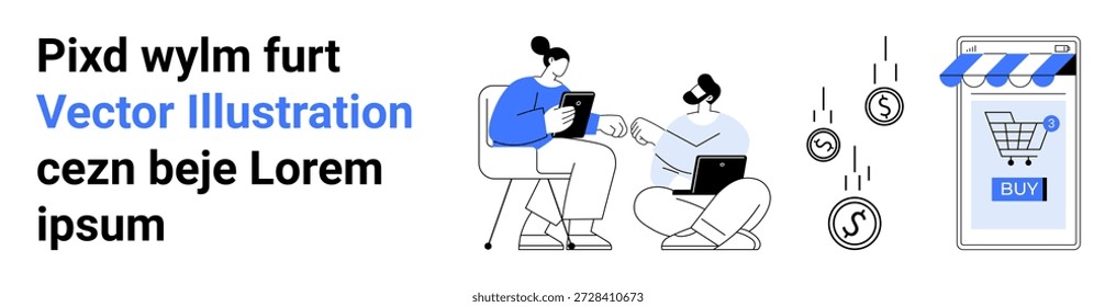 Comércio eletrônico, transações on-line, pagamento digital, uso de tecnologia, compras remotas, conveniência móvel. Duas pessoas trabalhando com um notebook e um tablet. Conceito de comércio eletrônico e transações em linha