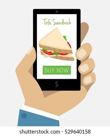E-Commerce Online Vegetarian and Vegan Food Shop Web Site Product Page Mockup Template Layout with Human Hand Holding Smartphone Vector Illustration