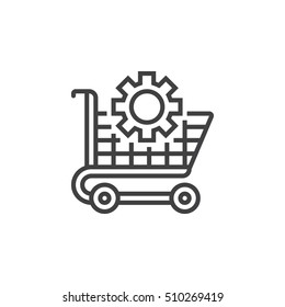 Ecommerce optimization symbol. Shopping cart and gear line icon, outline vector sign, linear pictogram isolated on white. logo illustration