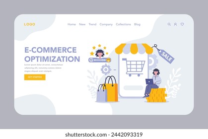 E-commerce optimization web or landing page. Enhancing online shopping with user-friendly interfaces and personalized experiences. Driving sales through digital efficiency. Vector illustration.