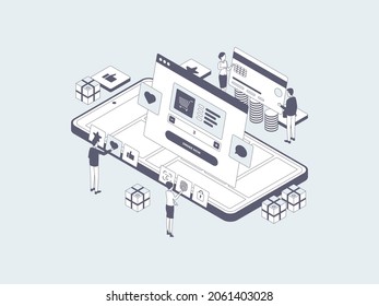 Orden de comercio electrónico en Gris lineal de Isometric Illustration para móviles. Adecuado para aplicaciones móviles, sitio web, banner, diagramas, infografías y otros activos gráficos.