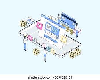 E-Commerce Order on Mobile Isometric Illustration Lineal Color. Suitable for Mobile App, Website, Banner, Diagrams, Infographics, and Other Graphic Assets.