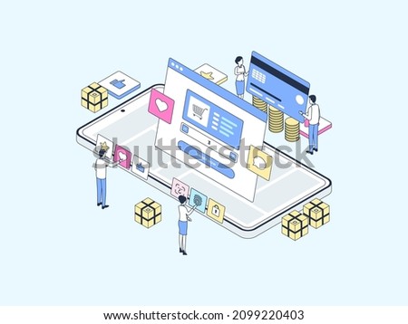 E-Commerce Order on Mobile Isometric Illustration Lineal Color. Suitable for Mobile App, Website, Banner, Diagrams, Infographics, and Other Graphic Assets.