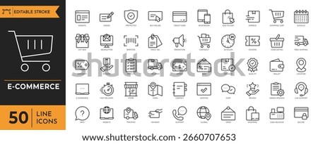 E-commerce outline icon set. Containing Online shopping, shopping cart, delivery, payment, marketing, sale tag, basket, and more. Editable stroke. Vector illustration