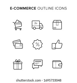 E-commerce outline icon set. Contains such icons as Cart, Delivery, Package Box, Card, Sale, Thumb Up, Gift Box, Reviews and Wallet. Every icon is a solid shape, so can be easily recolored.
