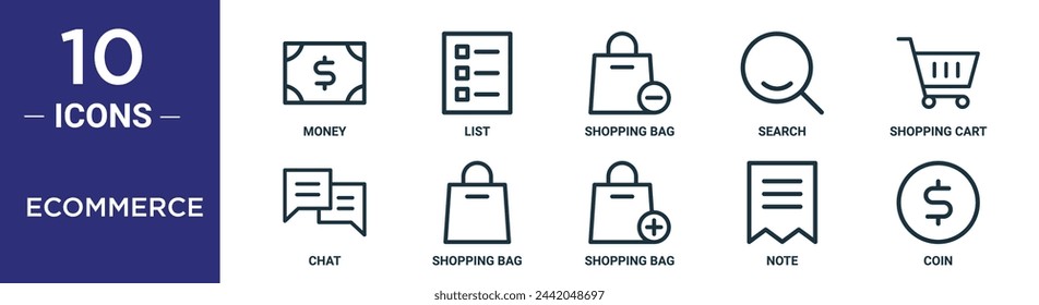 el conjunto de iconos de esquema de comercio electrónico incluye dinero de línea fina, lista, bolsa de compras, búsqueda, carrito de compras, chat, iconos de bolsa de compras para informe, presentación, diagrama, diseño web
