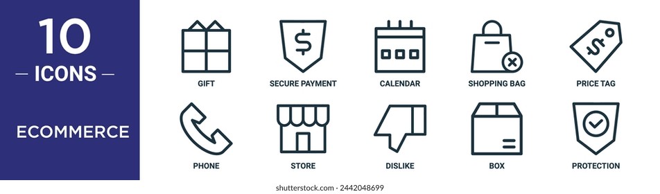 el conjunto de iconos de esquema de comercio electrónico incluye regalo de línea fina, pago seguro, calendario, bolsa de compras, etiqueta de precio, teléfono, iconos de tienda para informe, presentación, diagrama, diseño web