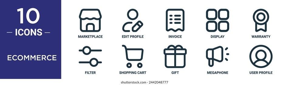 ecommerce outline icon set includes thin line marketplace, edit profile, invoice, display, warranty, filter, shopping cart icons for report, presentation, diagram, web design