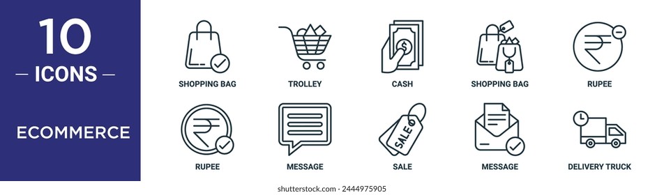 el conjunto de íconos de contorno de comercio electrónico incluye bolso de compras de línea fina, carrito, efectivo, bolso de compras, rupia, rupia, íconos de mensaje para informe, presentación, diagrama, Diseño web