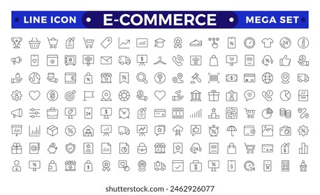 Conjunto de iconos de esquema de comercio electrónico. Elementos de compra y entrega en línea. E-Commerce conjunto de estilo en línea. para App móviles. Negocio, tienda, marketing digital, tarjeta bancaria, regalos, venta, entrega, descuento
