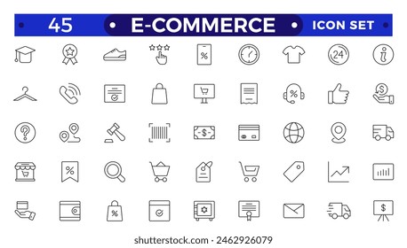 E-commerce outline icon set. Online shopping and delivery elements.E-Commerce set of in-line style. for mobile apps. Business, shop, digital marketing, bank card, gifts,delivery,money,discount
