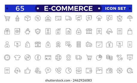 Conjunto de iconos de esquema de comercio electrónico. Elementos de compra y entrega en línea. E-Commerce conjunto de estilo en línea. para App móviles. Negocio, tienda, marketing digital, tarjeta bancaria, regalos, entrega, dinero, descuento
