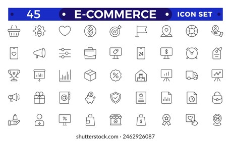 E-commerce outline icon set. Online shopping and delivery elements.E-Commerce set of in-line style. for mobile apps. Business, shop, digital marketing, bank card, gifts, sale, delivery,discount
