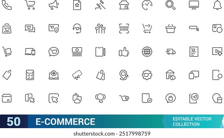 Conjunto de ícones de contorno de e-commerce, compras on-line e elementos de entrega - conjunto de ícones da web de linha fina mínima. Coleção de ícones de estrutura de tópicos. edite ícones de traçado.