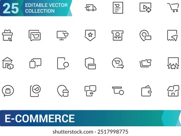 E-Commerce-Gliederungssymbolsatz, Elemente für Online-Einkauf und -Lieferung - minimaler, schlanker Websymbolsatz. Kollektion von Gliederungssymbolen. editierbare Strichsymbole.