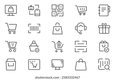 E-Commerce outline icon set. Online shopping icons for web and mobile app. Business, mobile shop, digital marketing, bank card, gifts, sale, delivery. Vector illustration