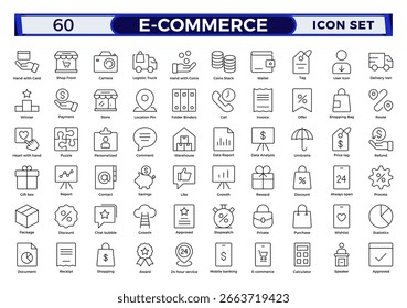 E-Commerce-Gliederungssymbolsatz. Elemente für Online-Einkauf und -Zustellung. E-Commerce-Satz von Inline-Stil. für mobile Apps. Geschäft, Geschäft, digitales Marketing, Bankkarte, Geschenke, Verkauf, Lieferung, Geld.