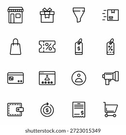 Conjunto de iconos de contorno de comercio electrónico para compras en línea, pago digital y entrega