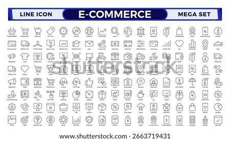 E-commerce outline icon set. Online shopping and delivery elements. E-Commerce set of in-line style. for mobile apps. Business, shop, digital marketing, bank card, gifts, sale, delivery, money.