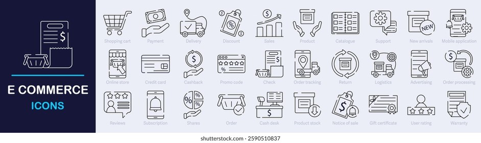 E-commerce Outline Vector Icon Collection. A set of outline icons related to Online shopping, delivery, e-business, marketing, marketplace, store and more. Editable stroke. Vector illustration