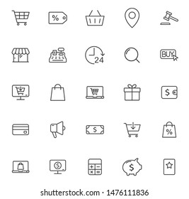 e-commerce outline vector icons large set isolated on white background. business commerce comcept. e commerce flat icons for web, mobile and ui design.