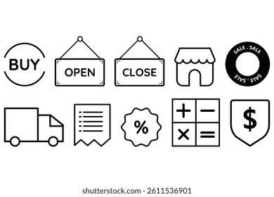 E-commerce package delivery, shipping related line icon set. Open and close shop, sale, discount, deliver truck sign and symbol vector collection illustration.
