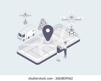 E-Commerce Package Sent Isometric Illustration Lineal Gray. Suitable for Mobile App, Website, Banner, Diagrams, Infographics, and Other Graphic Assets.