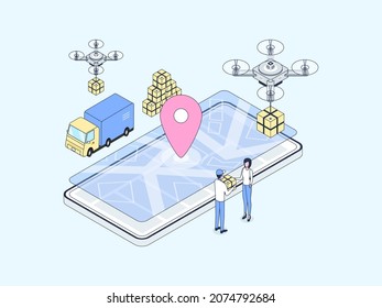 Paquete E-Commerce Enviado Isometric Illustration Lineal Color. Adecuado para aplicaciones móviles, sitio web, banner, diagramas, infografías y otros activos gráficos.