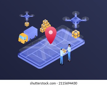 E-Commerce Package Sent Isometric Illustration Dark Gradient. Suitable for Mobile App, Website, Banner, Diagrams, Infographics, and Other Graphic Assets.