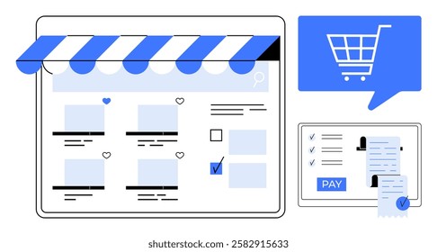 E-commerce page displays product listings with options to select and purchase items, accompanied by a checkout screen and receipt. Ideal for online shopping, e-commerce, retail, digital marketing