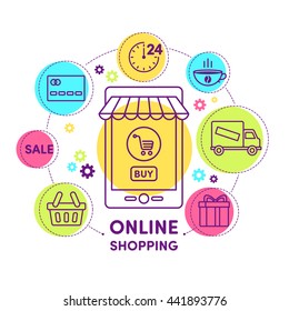 E-commerce, pay online and online shopping concept. Infographic concept with place for text