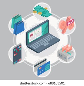 E-commerce, pay online and online shopping concept. Flat 3d isometric design