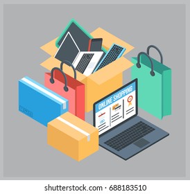 E-commerce, pay online and online shopping concept. Flat 3d isometric design